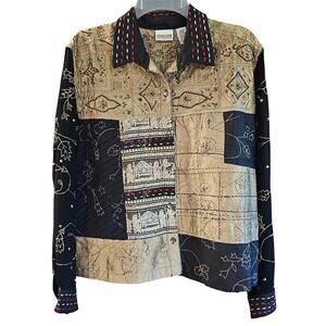 Chico’s Black Tan Embroidered Silk Blend Patchwork Mixed Print Lagenlook Blouse